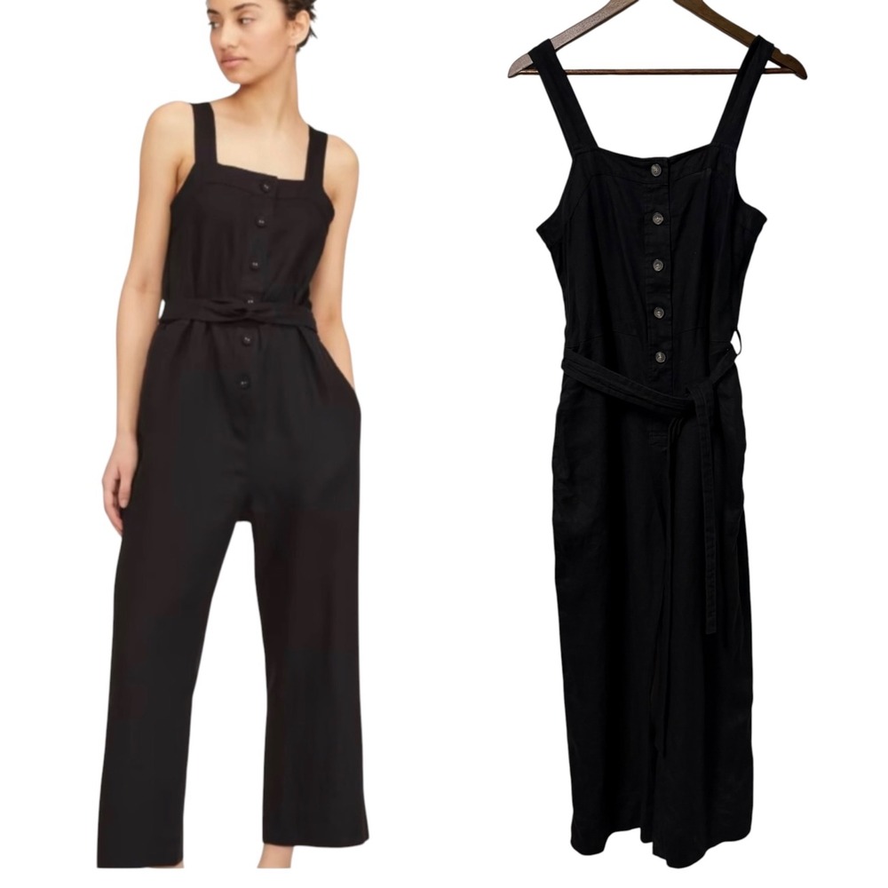 Everlane Jumpsuit Womens 2 Black Pockets Linen Wide Leg Tie Waist Sleeveless